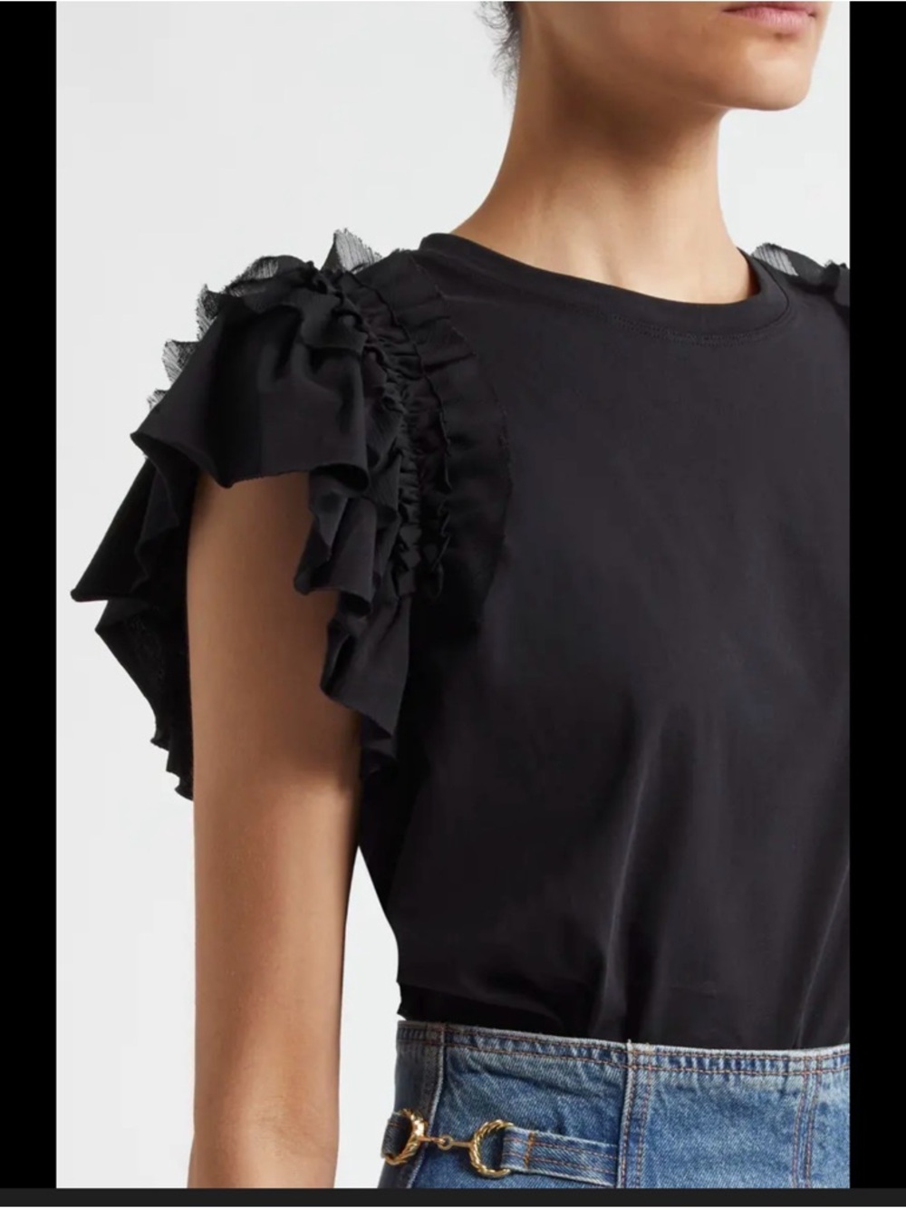 Ulla Johnson Black Ruffle-Sleeve Crewneck Tee